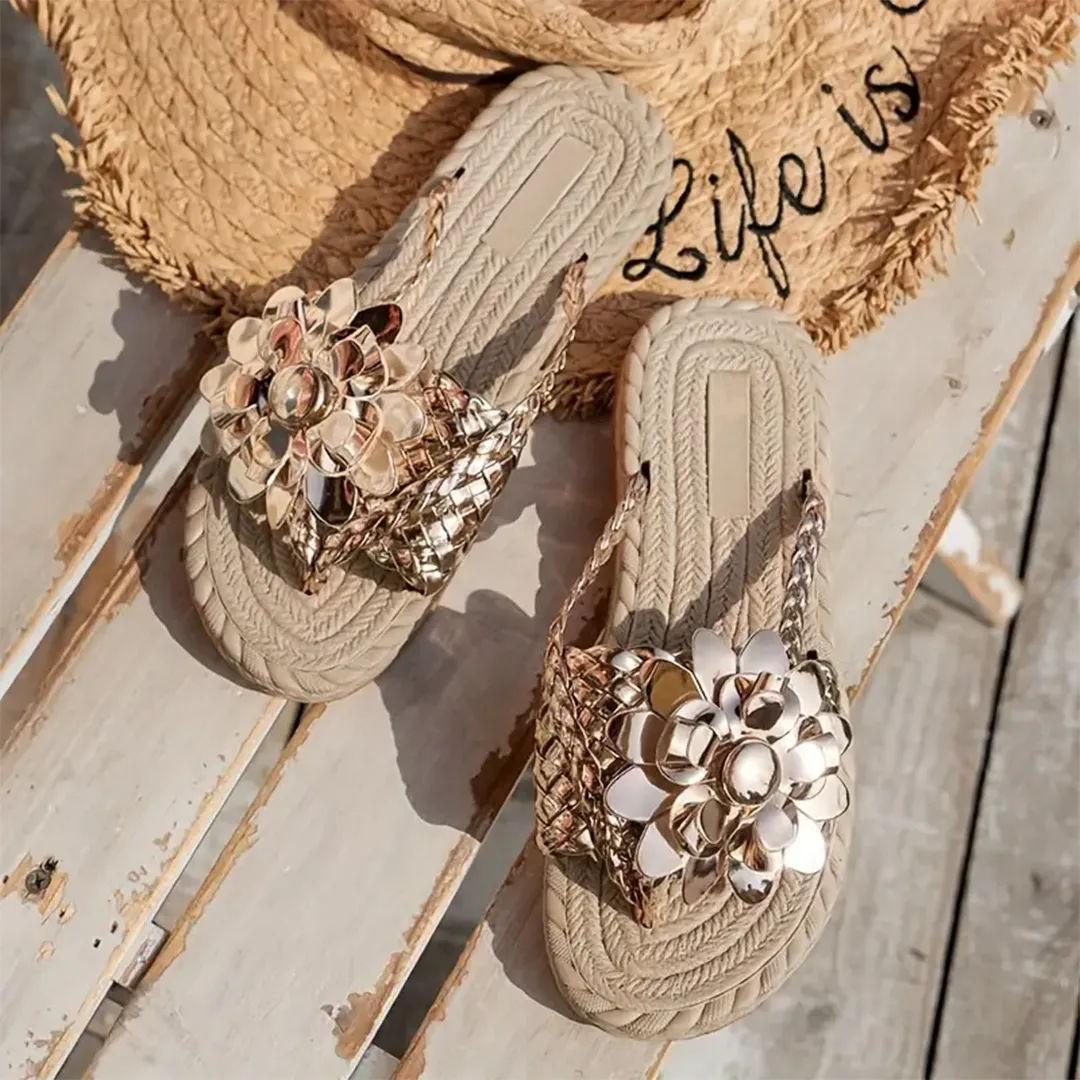 Uniqcloud Studded Flower Braided Band Flat Flip Flops