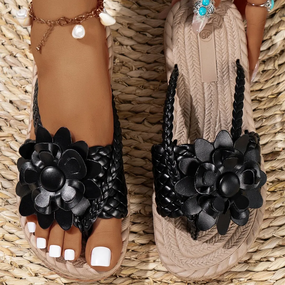 Uniqcloud Studded Flower Braided Band Flat Flip Flops