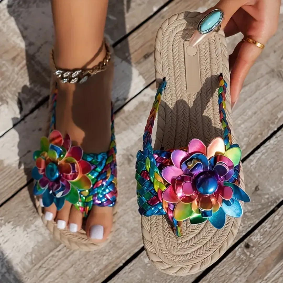Uniqcloud Studded Flower Braided Band Flat Flip Flops
