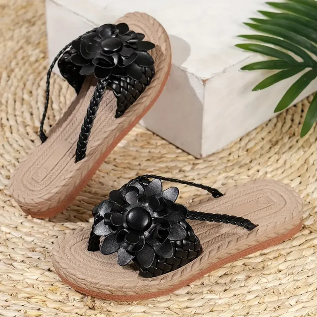 Uniqcloud Studded Flower Braided Band Flat Flip Flops
