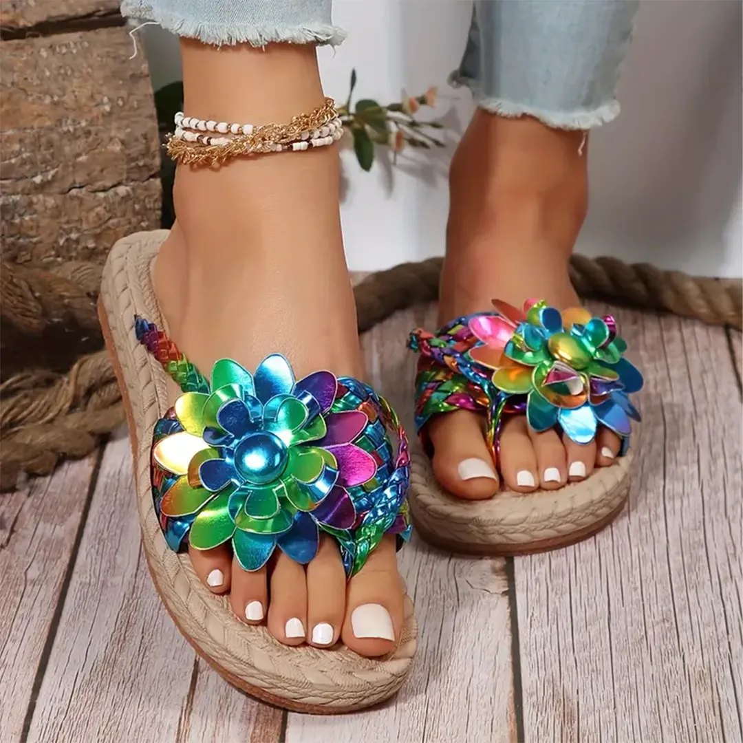 Uniqcloud Studded Flower Braided Band Flat Flip Flops