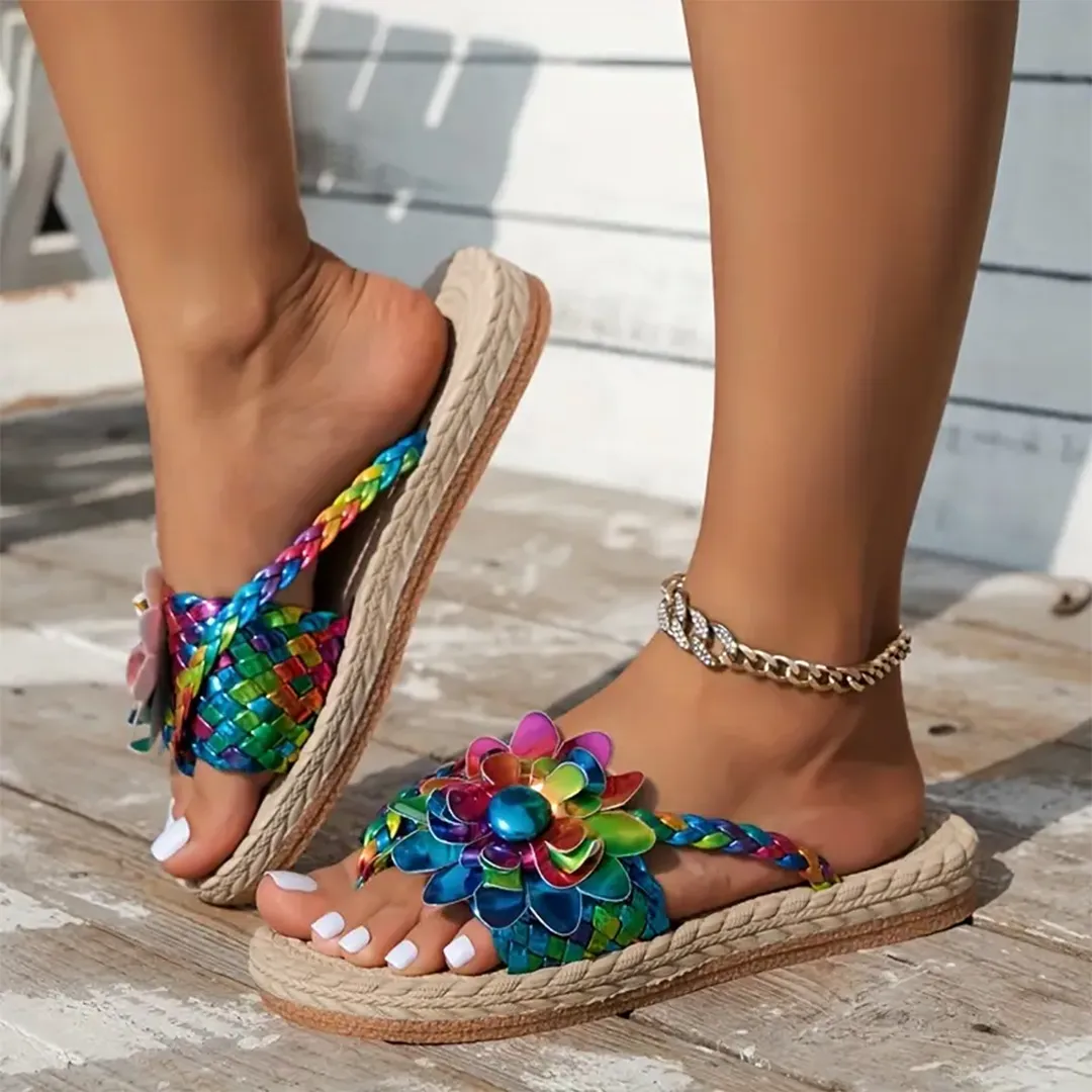 Uniqcloud Studded Flower Braided Band Flat Flip Flops