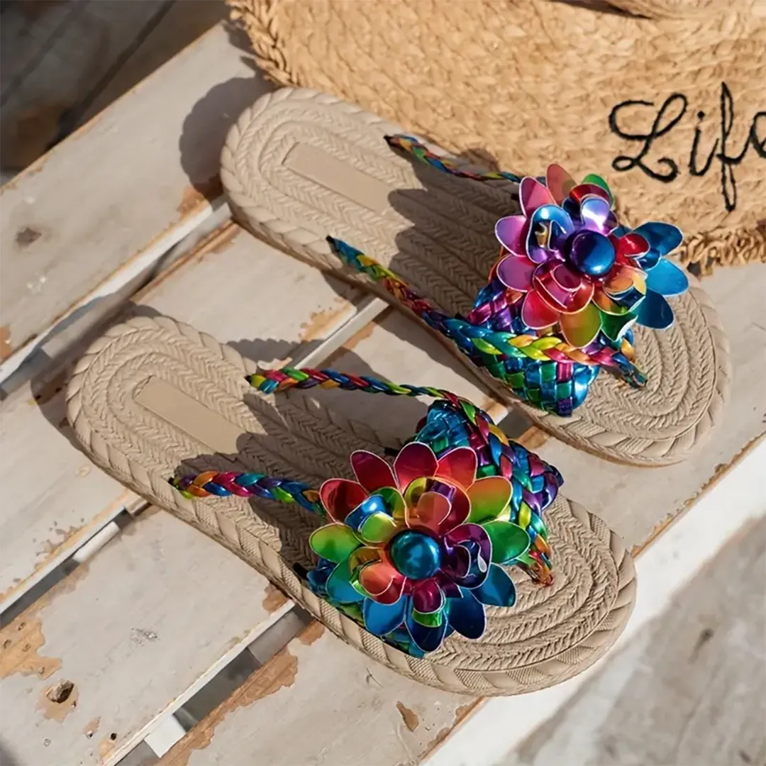 Uniqcloud Studded Flower Braided Band Flat Flip Flops