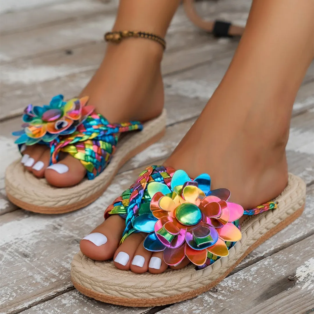 Uniqcloud Studded Flower Braided Band Flat Flip Flops