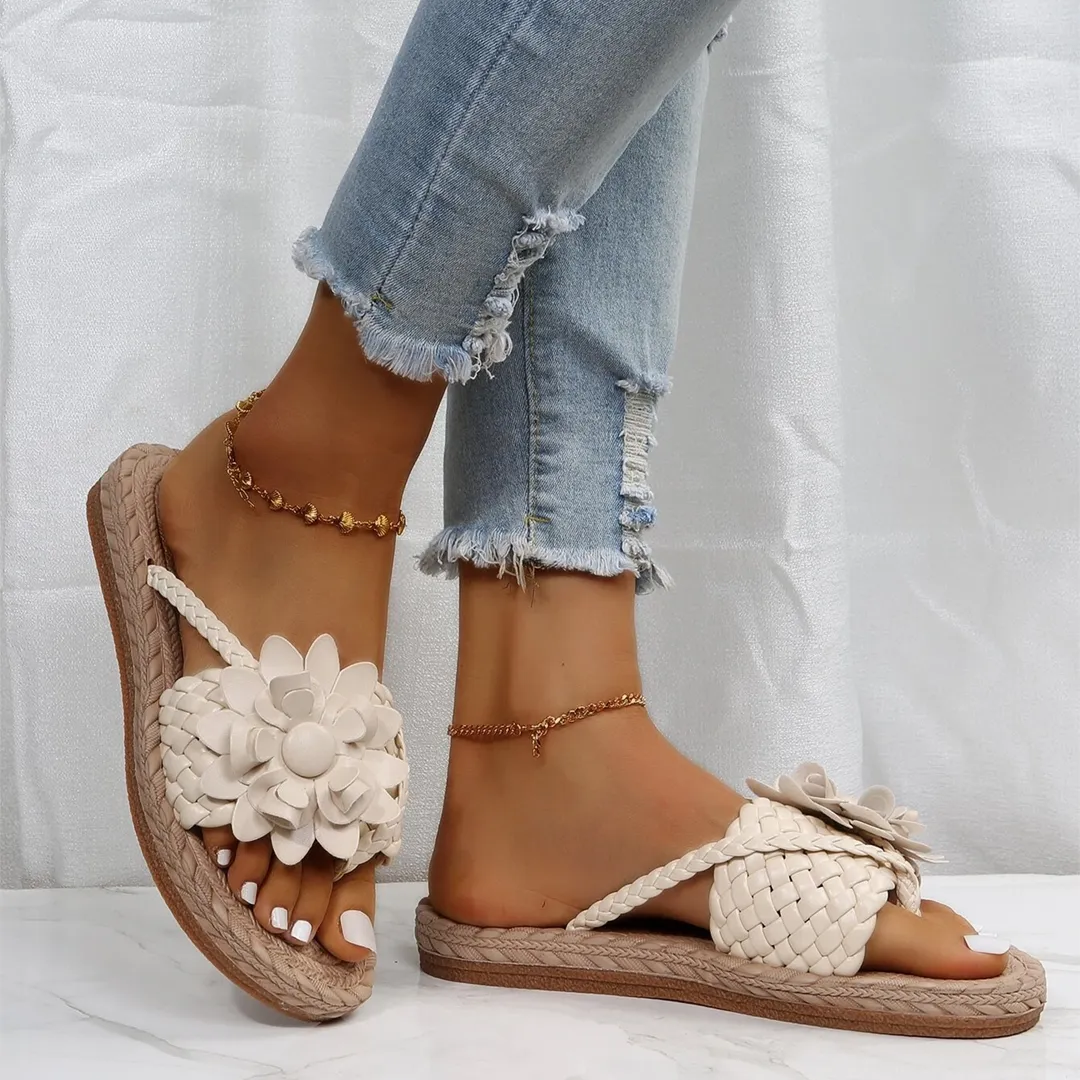 Uniqcloud Studded Flower Braided Band Flat Flip Flops