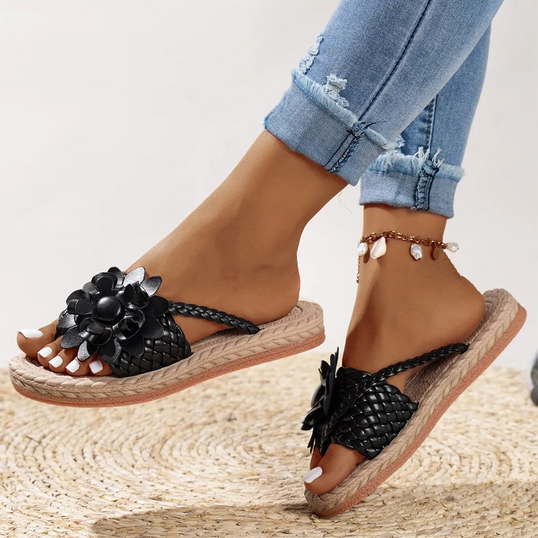 Uniqcloud Studded Flower Braided Band Flat Flip Flops
