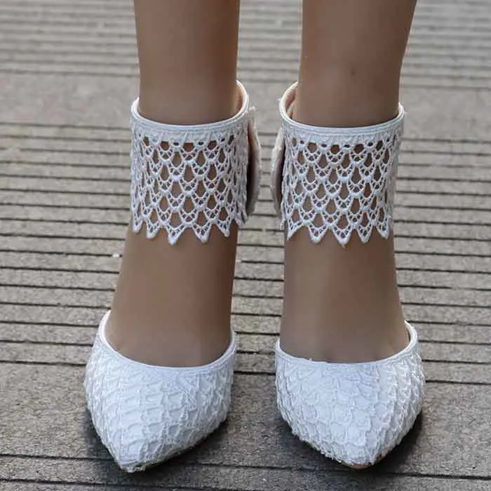 Women High Heels White Lace Wedding Shoes Pointed Toe Bridal Shoes