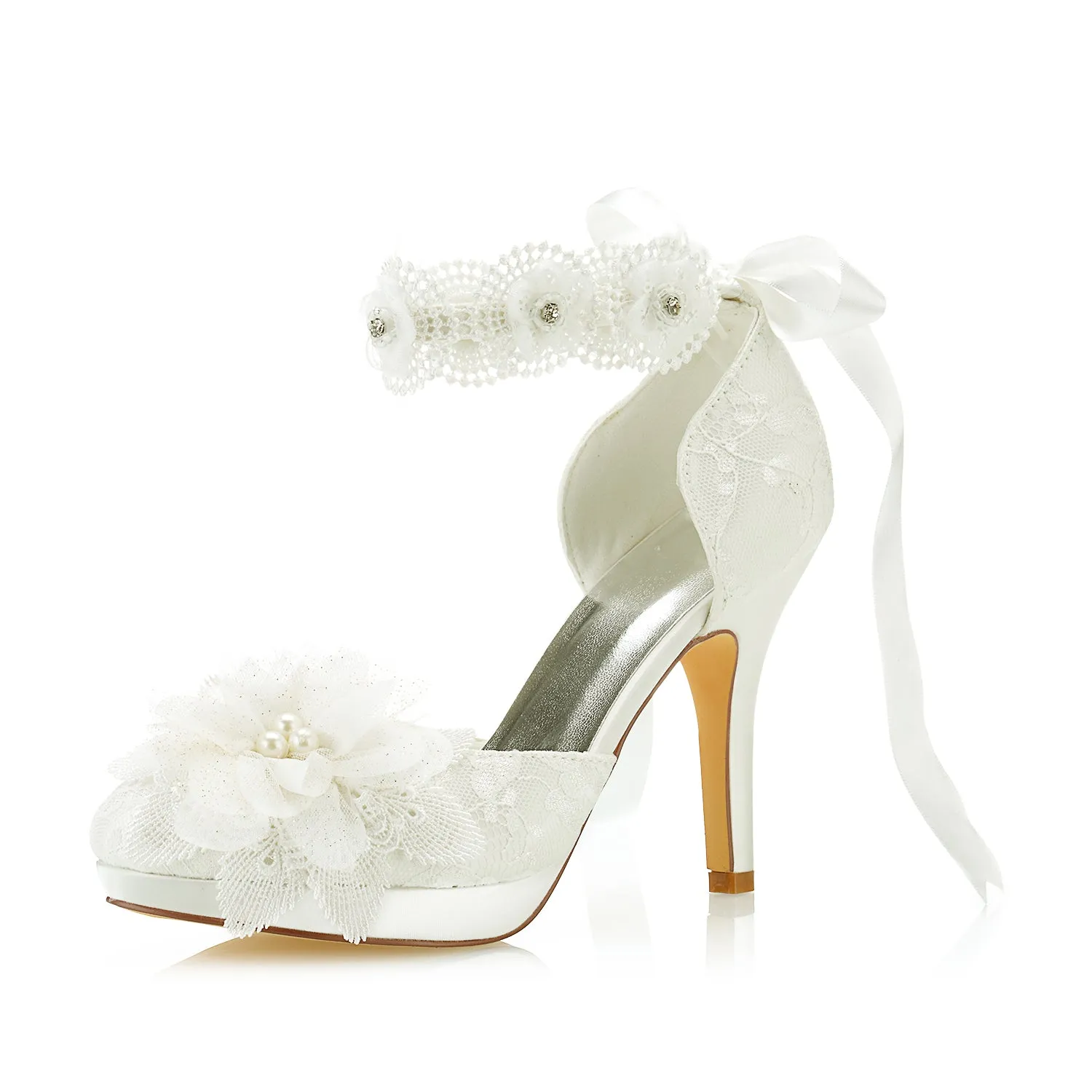 Women's Bridal Shoes 3.9" Closed Toe Stiletto Heel Lace Satin Platform Pumps Satin Flower Ribbon Tie Wedding Shoes