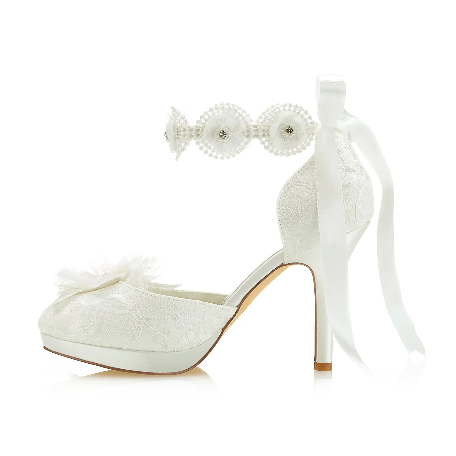 Women's Bridal Shoes 3.9" Closed Toe Stiletto Heel Lace Satin Platform Pumps Satin Flower Ribbon Tie Wedding Shoes