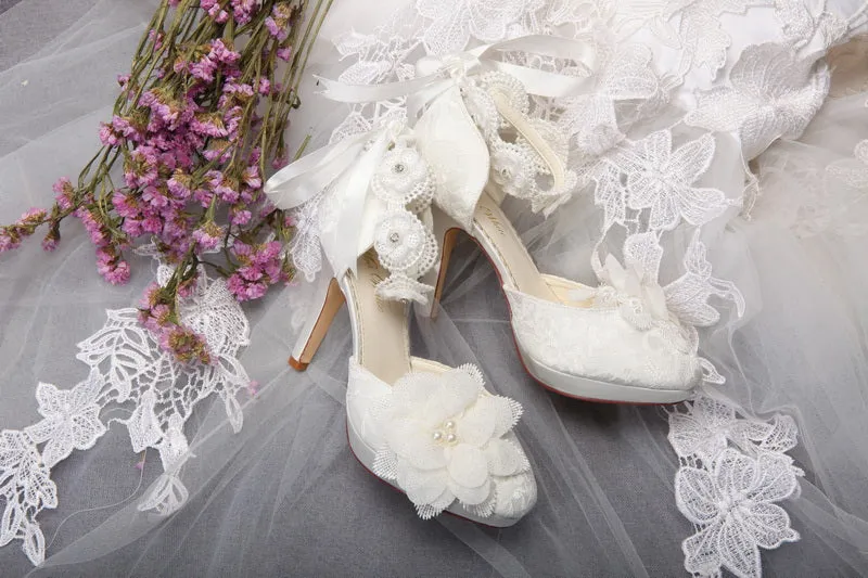 Women's Bridal Shoes 3.9" Closed Toe Stiletto Heel Lace Satin Platform Pumps Satin Flower Ribbon Tie Wedding Shoes