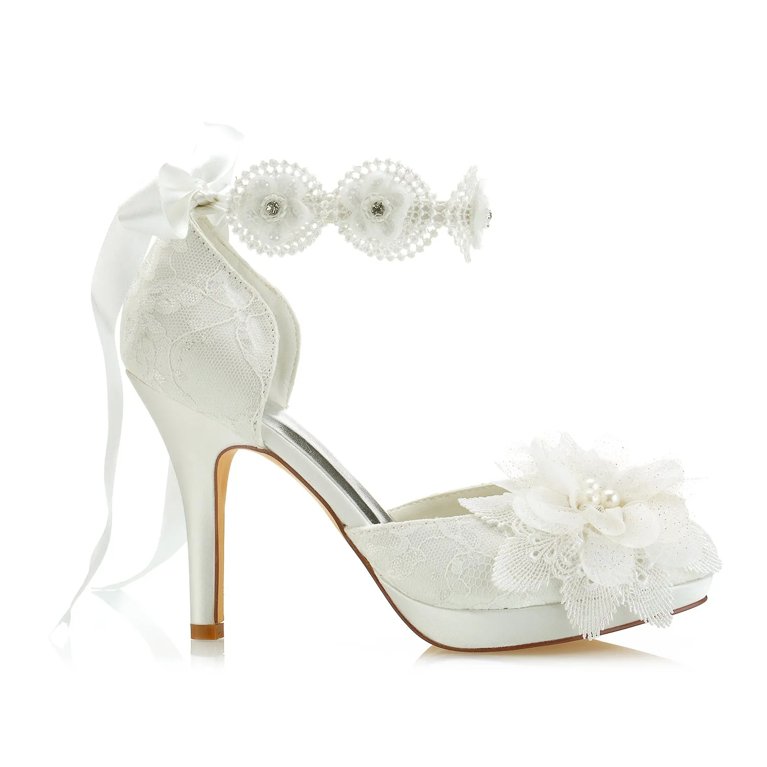 Women's Bridal Shoes 3.9" Closed Toe Stiletto Heel Lace Satin Platform Pumps Satin Flower Ribbon Tie Wedding Shoes