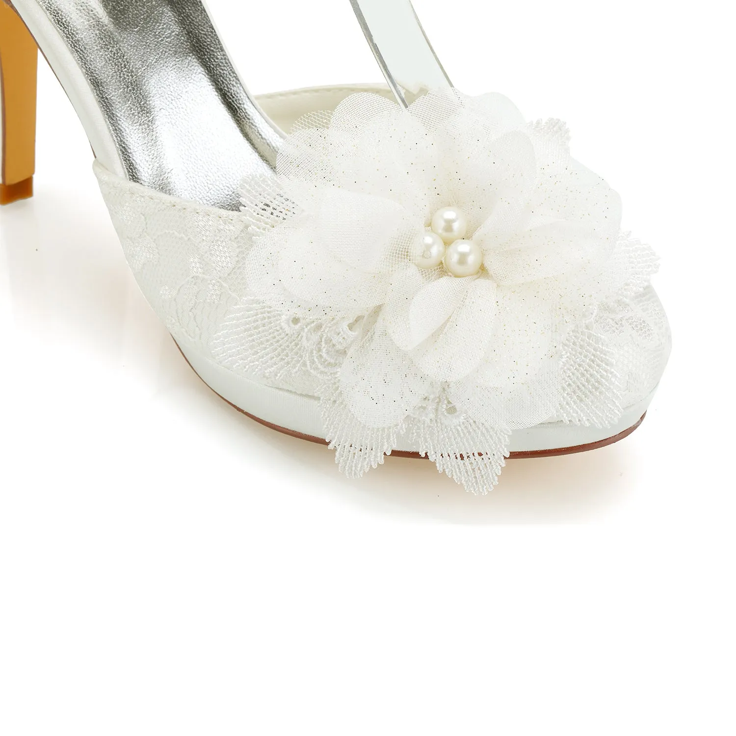 Women's Bridal Shoes 3.9" Closed Toe Stiletto Heel Lace Satin Platform Pumps Satin Flower Ribbon Tie Wedding Shoes