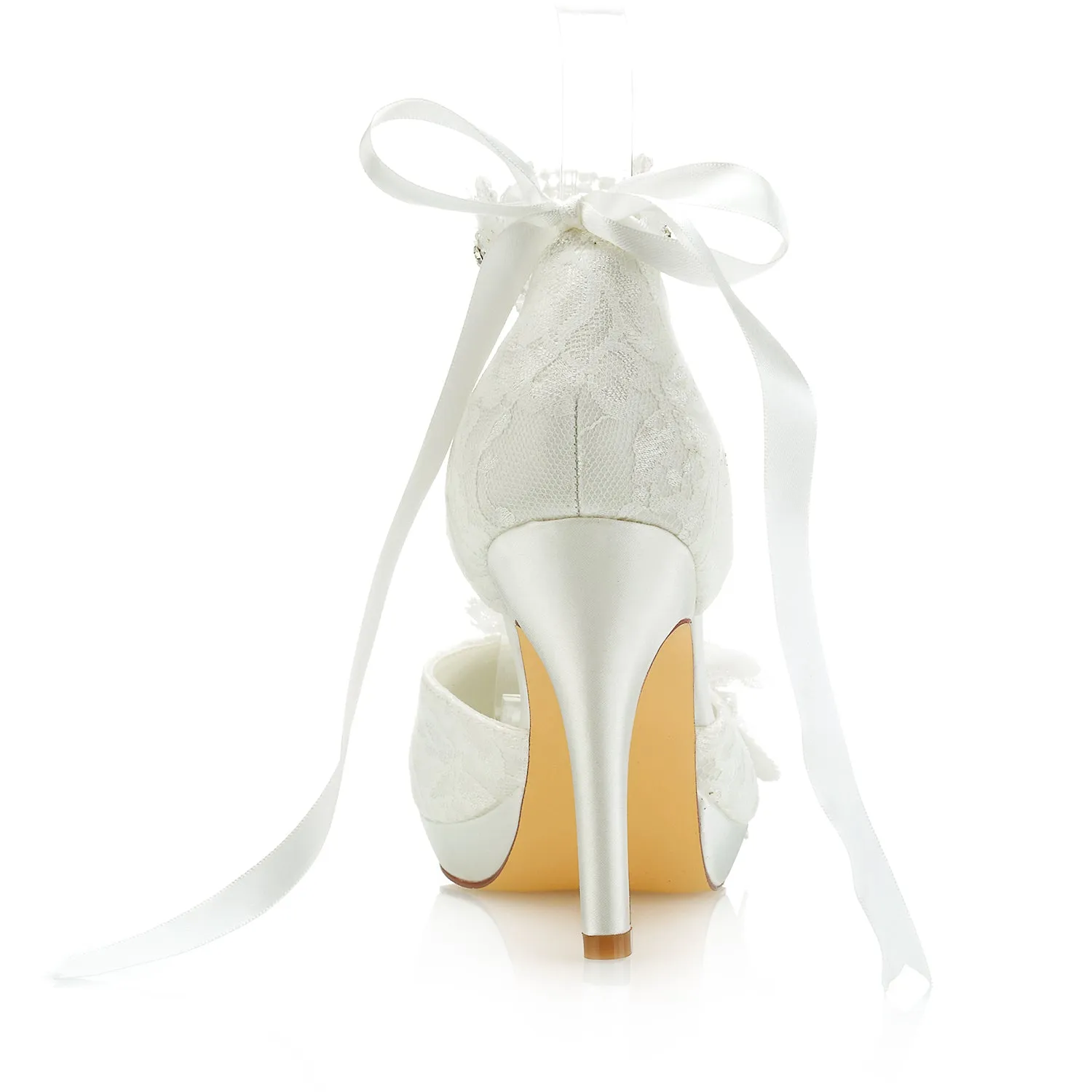 Women's Bridal Shoes 3.9" Closed Toe Stiletto Heel Lace Satin Platform Pumps Satin Flower Ribbon Tie Wedding Shoes