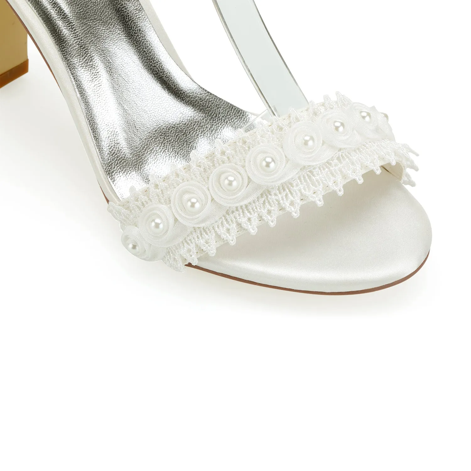 Women's Bridal Shoes Open Toe Block Heel Lace Satin Pumps Satin Flower Sandals Wedding Shoes