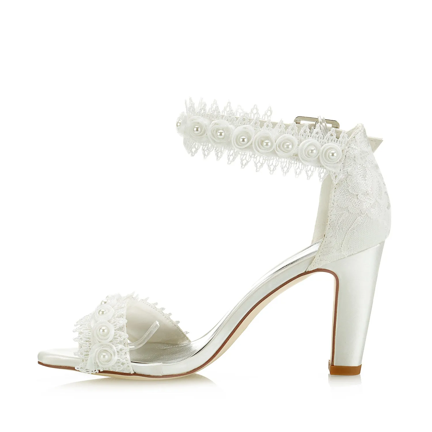 Women's Bridal Shoes Open Toe Block Heel Lace Satin Pumps Satin Flower Sandals Wedding Shoes