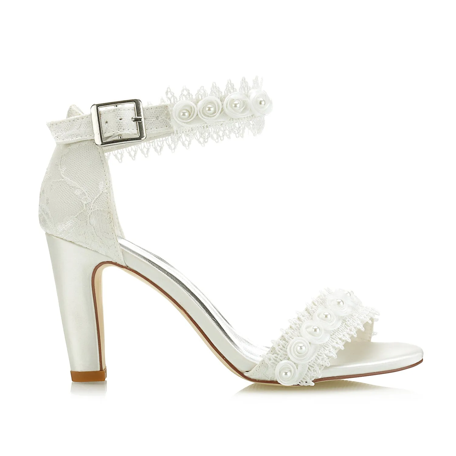 Women's Bridal Shoes Open Toe Block Heel Lace Satin Pumps Satin Flower Sandals Wedding Shoes