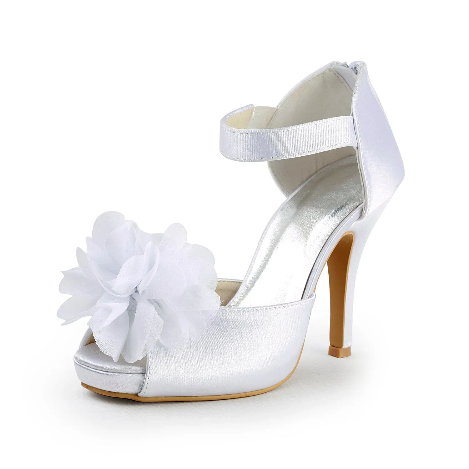 Women's Bridal Shoes Peep Toe 3.9'' High Heel Satin Pumps Flower Wedding Shoes