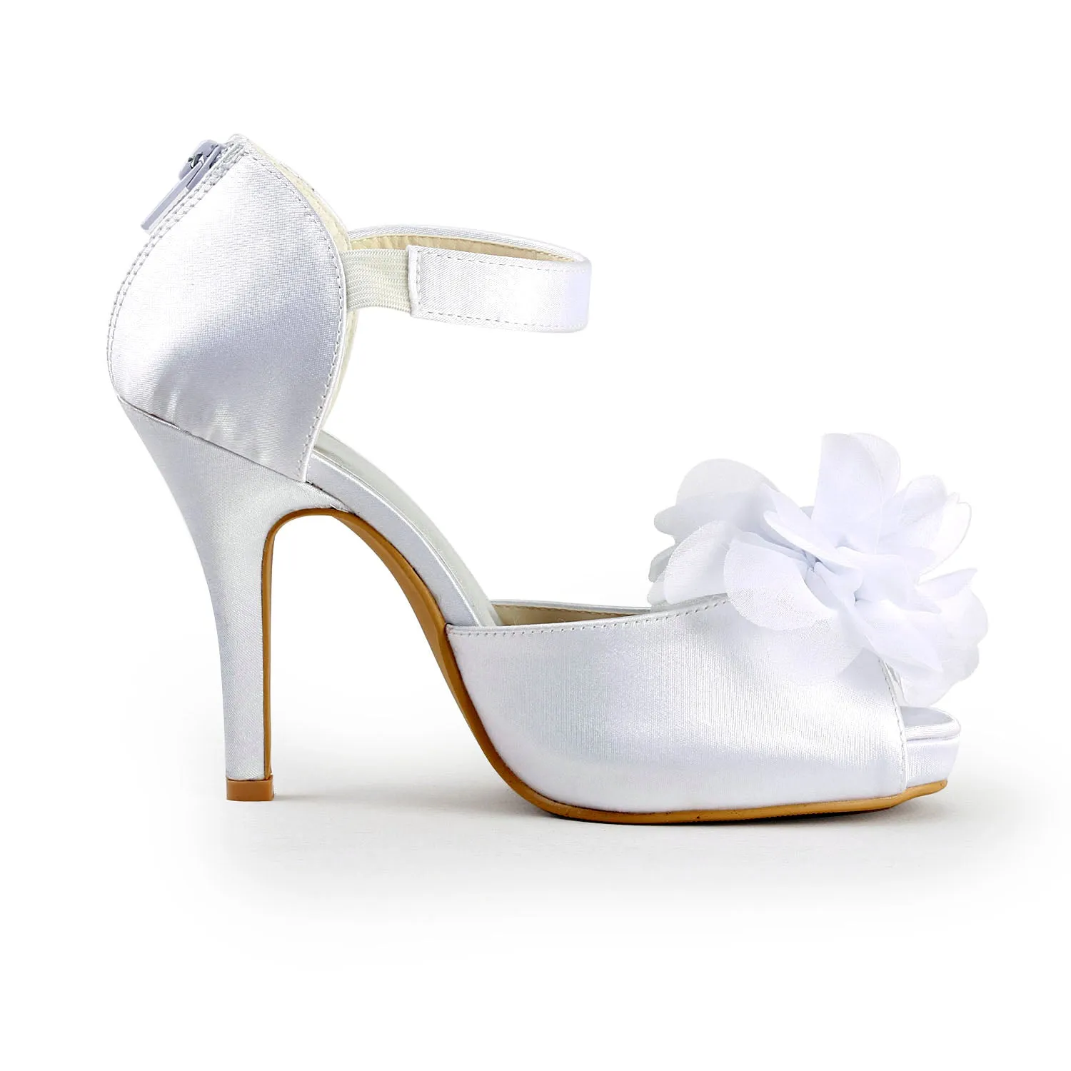 Women's Bridal Shoes Peep Toe 3.9'' High Heel Satin Pumps Flower Wedding Shoes