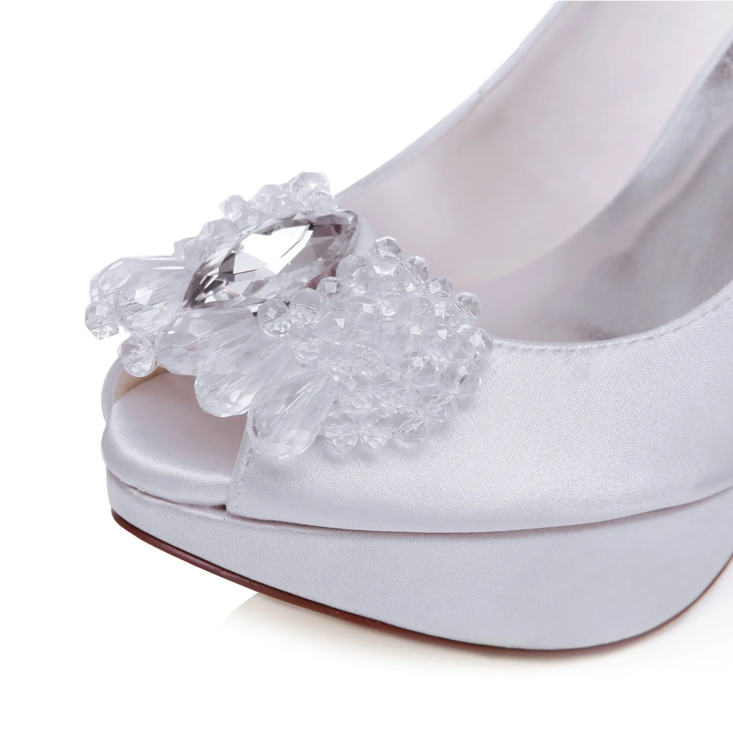 Women's Bridal Shoes Peep Toe 4.7'' High Heels Satin Platform Pumps Rhinestone Wedding Shoes