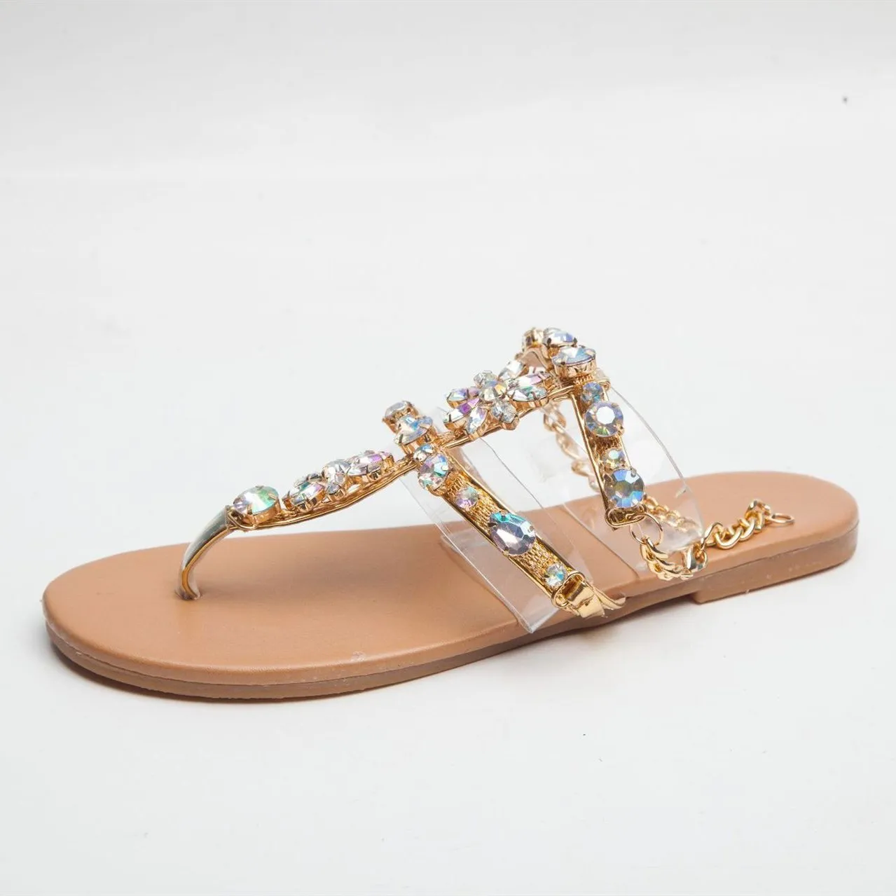 Women's colorful crystal t strap beach sandals with ankle strap