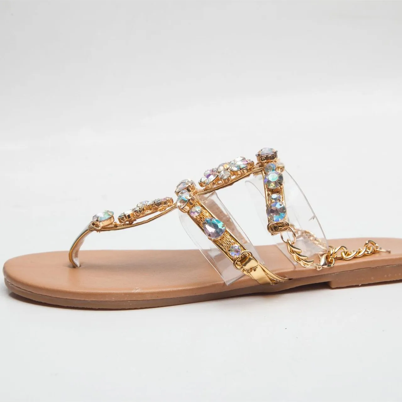 Women's colorful crystal t strap beach sandals with ankle strap