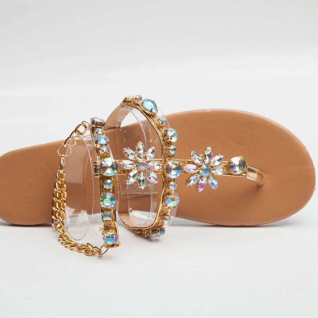 Women's colorful crystal t strap beach sandals with ankle strap