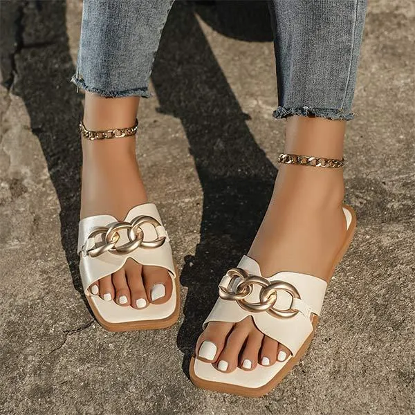 Women's Flat Open-Toe Sandals with Square Toe and Metallic Buckle 47914922C