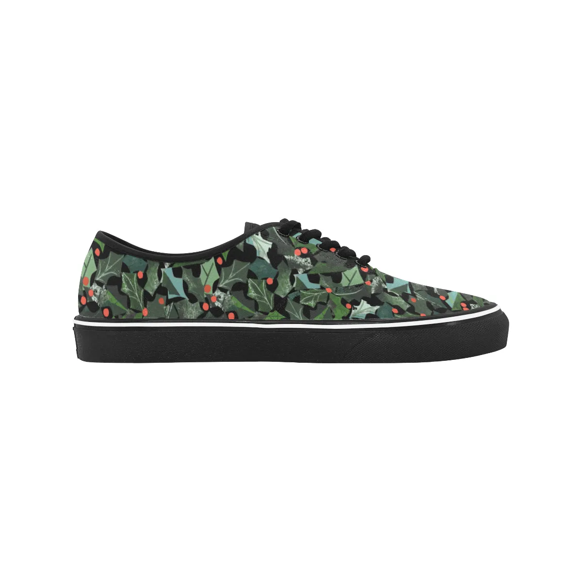 Women's Ivy Plants Christmas Print Big Size Canvas Low Top Shoes (Black)
