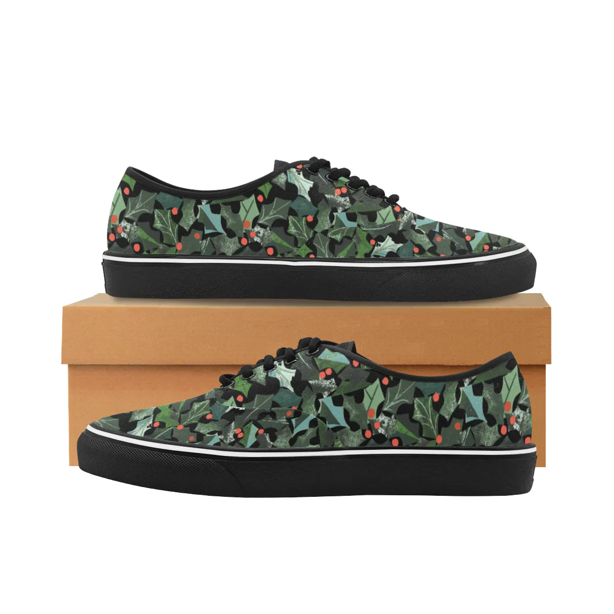 Women's Ivy Plants Christmas Print Big Size Canvas Low Top Shoes (Black)