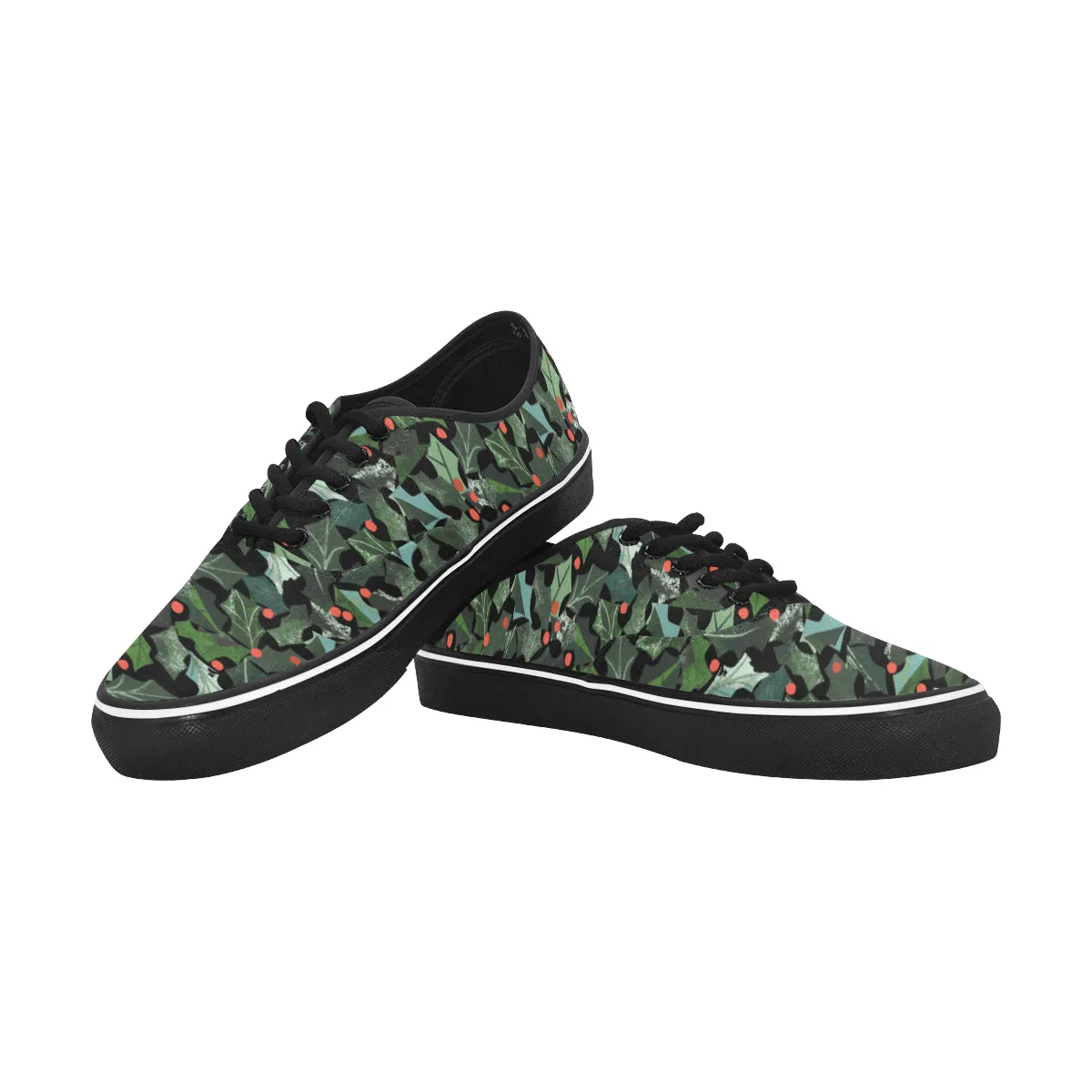 Women's Ivy Plants Christmas Print Big Size Canvas Low Top Shoes (Black)