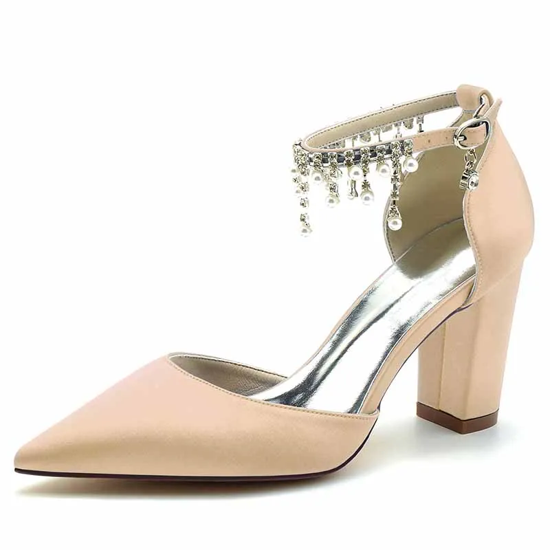 Women's Satin Closed Toe Lace-Up With Beads Chunky Heel High Heels
