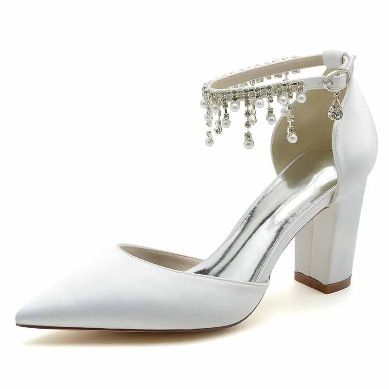 Women's Satin Closed Toe Lace-Up With Beads Chunky Heel High Heels