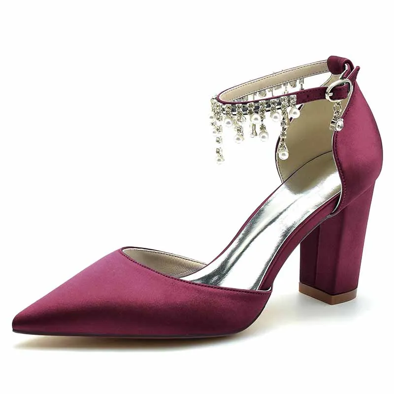 Women's Satin Closed Toe Lace-Up With Beads Chunky Heel High Heels