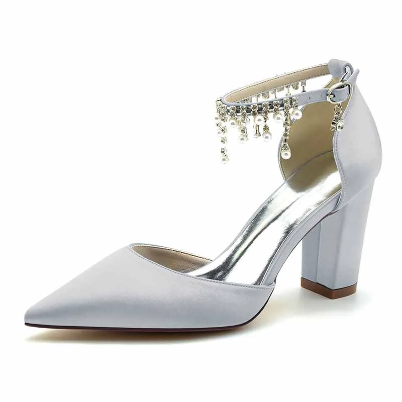 Women's Satin Closed Toe Lace-Up With Beads Chunky Heel High Heels