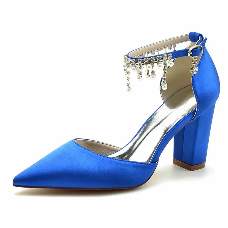 Women's Satin Closed Toe Lace-Up With Beads Chunky Heel High Heels