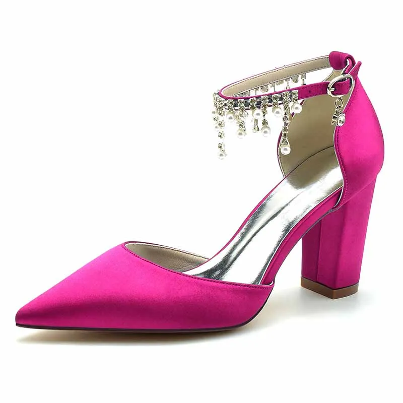 Women's Satin Closed Toe Lace-Up With Beads Chunky Heel High Heels
