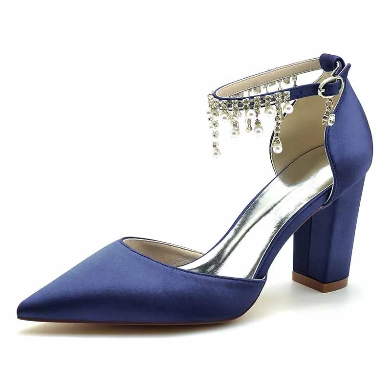 Women's Satin Closed Toe Lace-Up With Beads Chunky Heel High Heels
