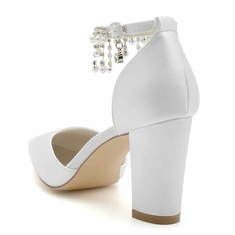 Women's Satin Closed Toe Lace-Up With Beads Chunky Heel High Heels