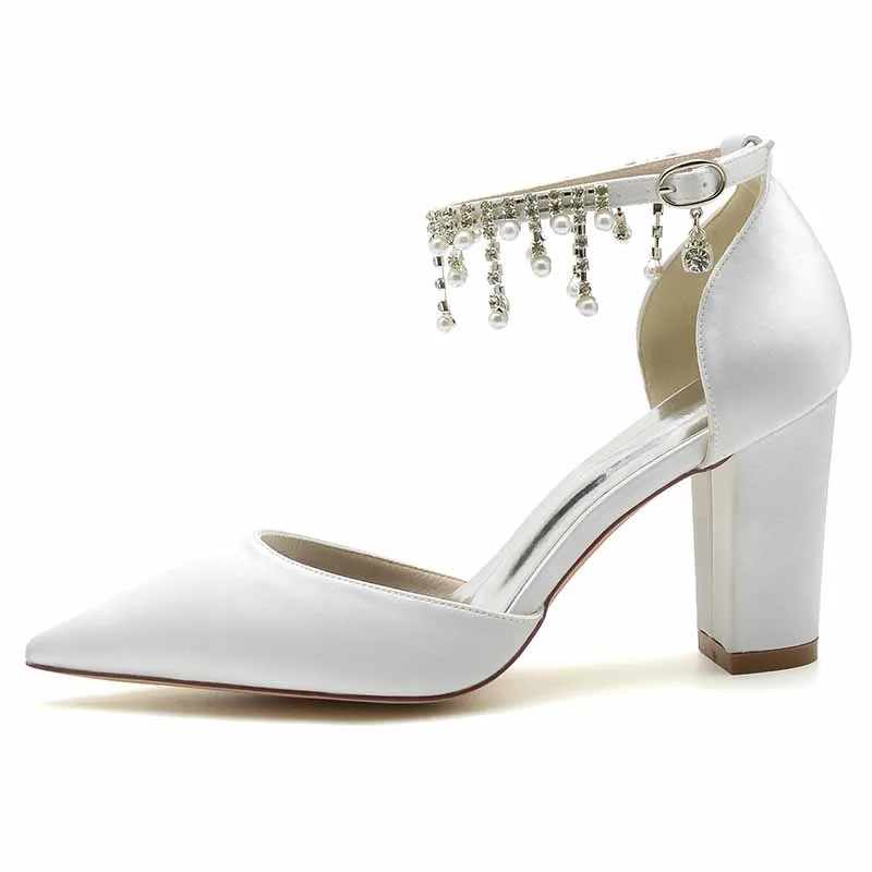 Women's Satin Closed Toe Lace-Up With Beads Chunky Heel High Heels