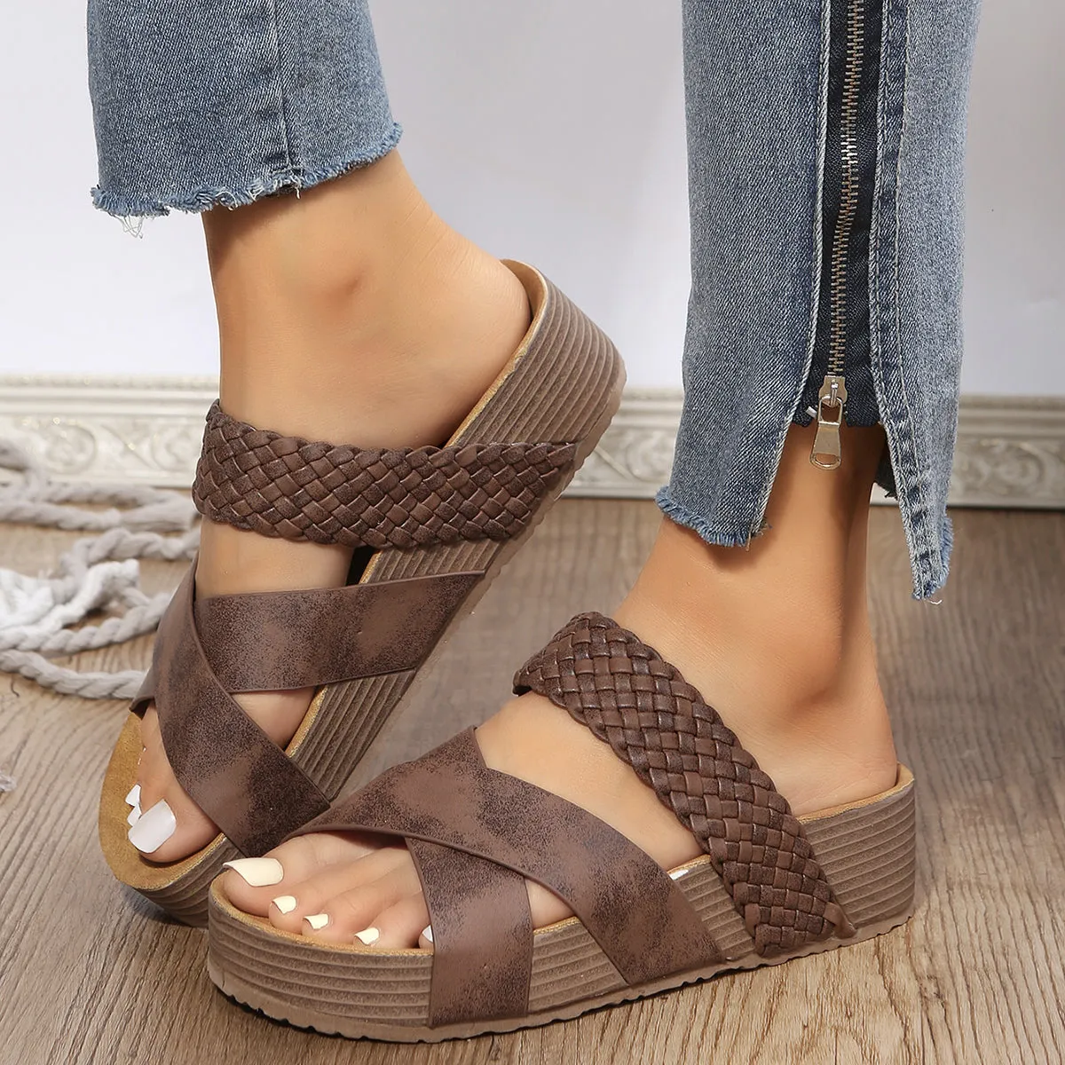 Woven footbed sandals crisscross strap peep toe slide sandals