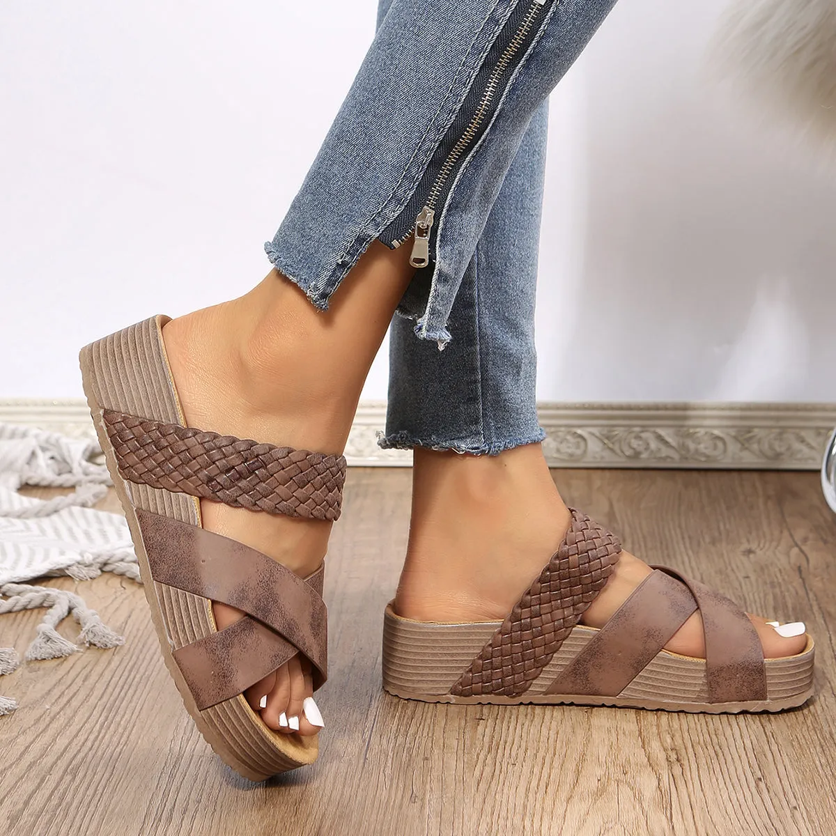 Woven footbed sandals crisscross strap peep toe slide sandals