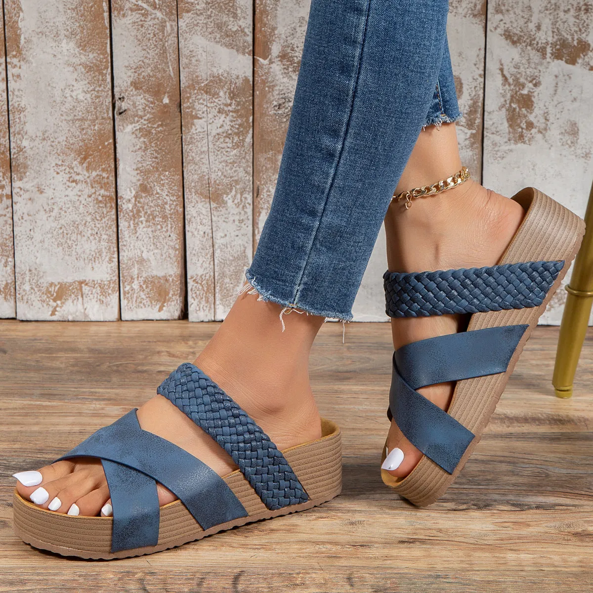Woven footbed sandals crisscross strap peep toe slide sandals
