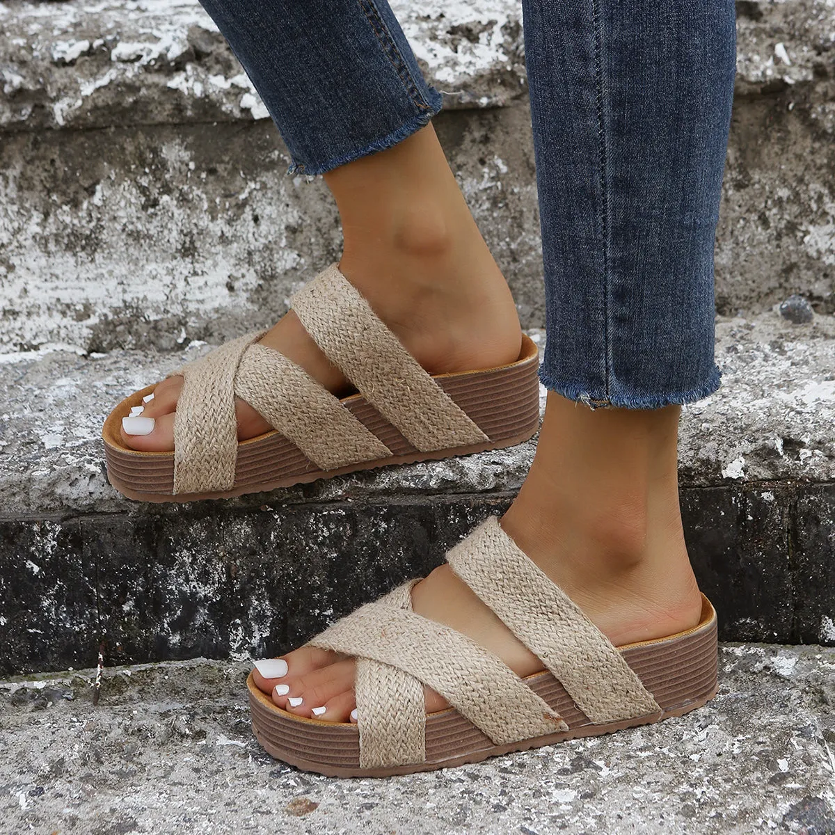 Woven footbed sandals crisscross strap peep toe slide sandals