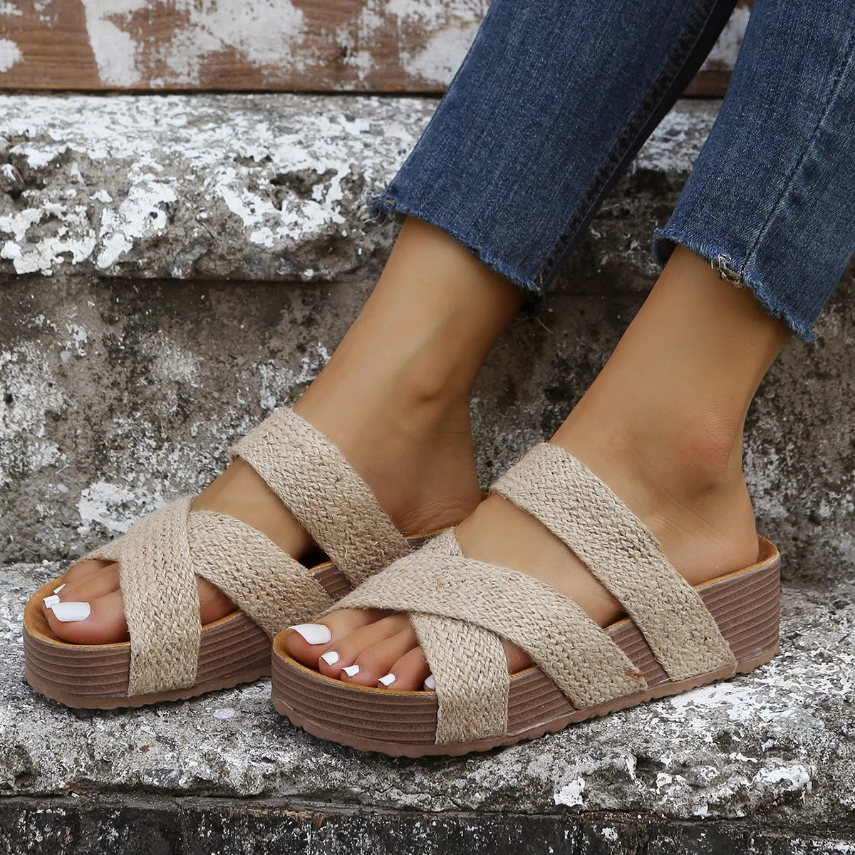 Woven footbed sandals crisscross strap peep toe slide sandals