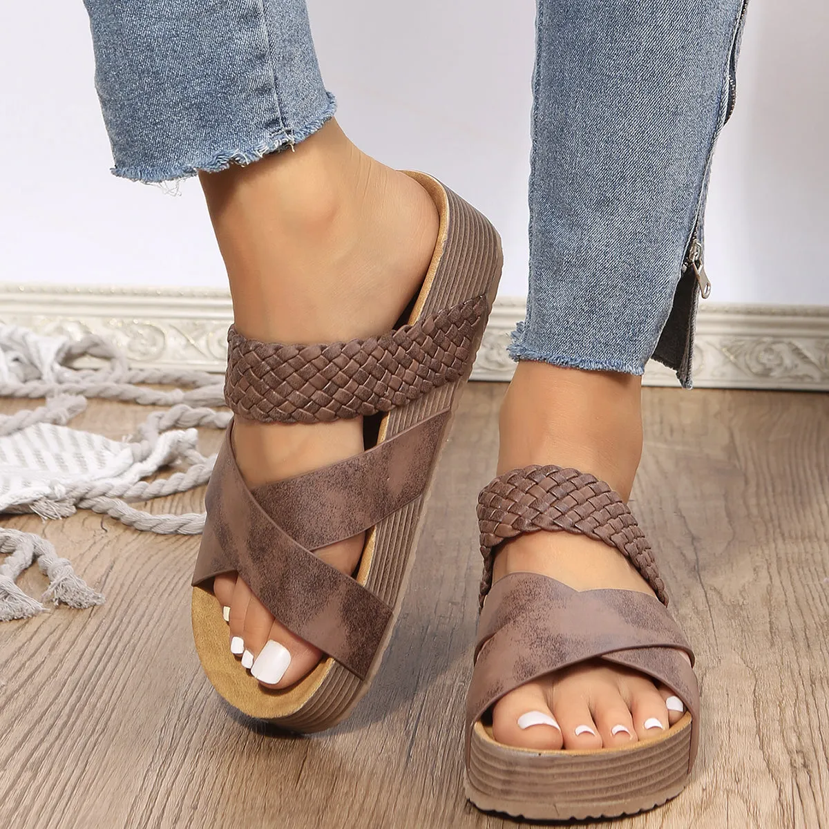 Woven footbed sandals crisscross strap peep toe slide sandals