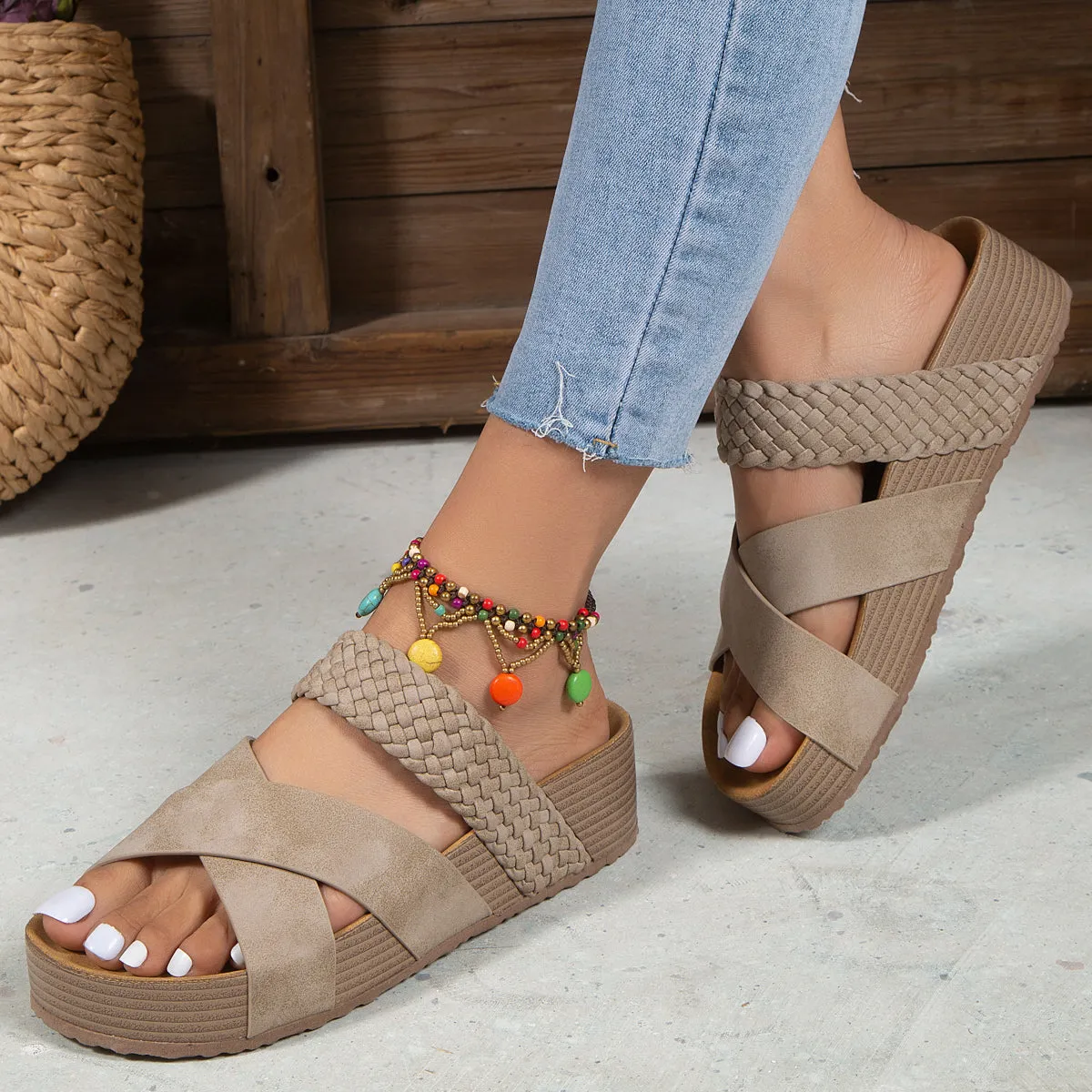 Woven footbed sandals crisscross strap peep toe slide sandals