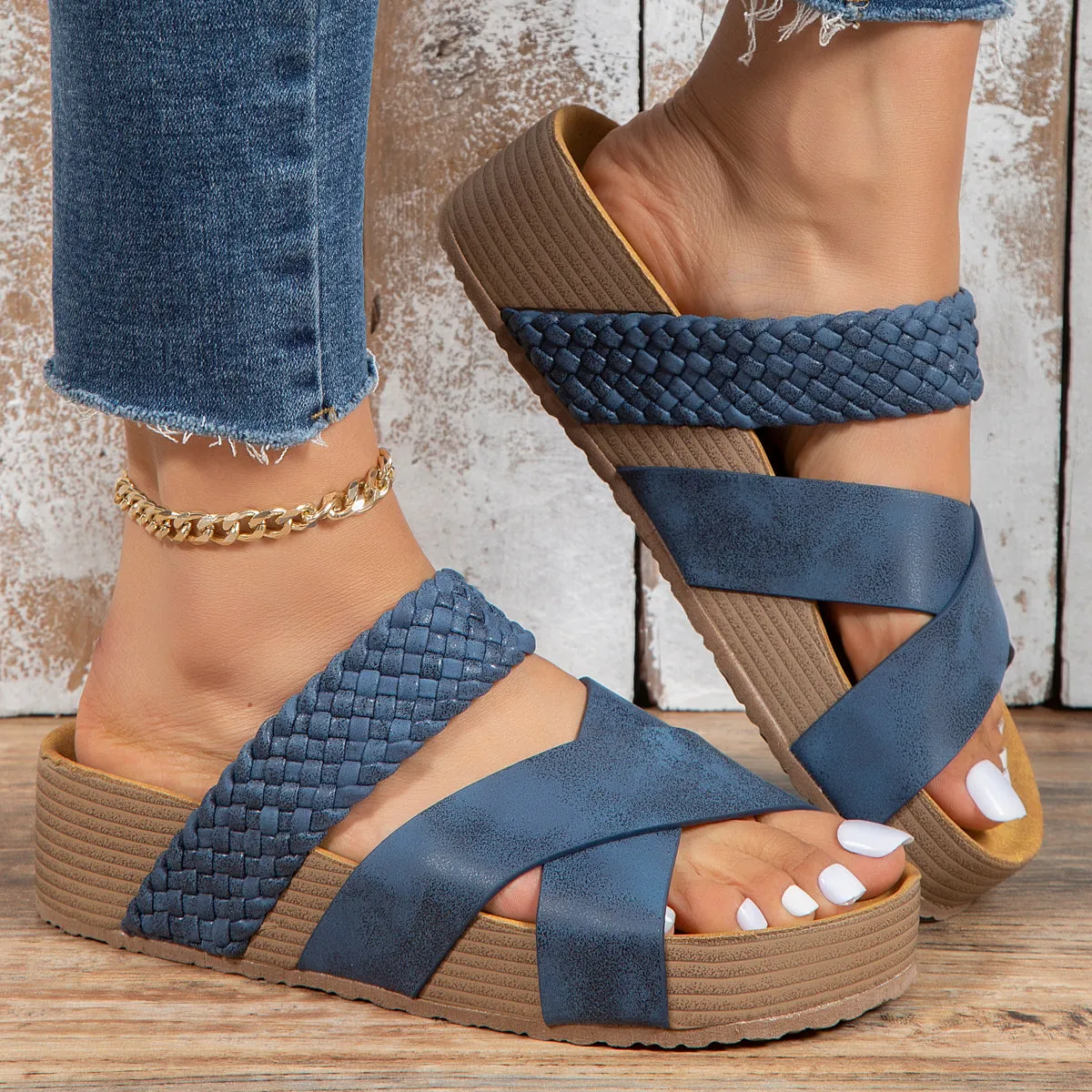 Woven footbed sandals crisscross strap peep toe slide sandals