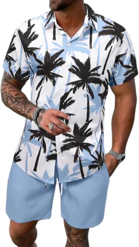 Yimoon Men's Summer 2 Piece Outfits Tropical Print Short Sleeve Button Down Hawaiian Beach Shirt and Shorts Set