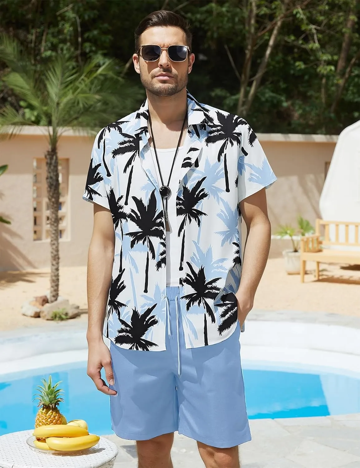Yimoon Men's Summer 2 Piece Outfits Tropical Print Short Sleeve Button Down Hawaiian Beach Shirt and Shorts Set