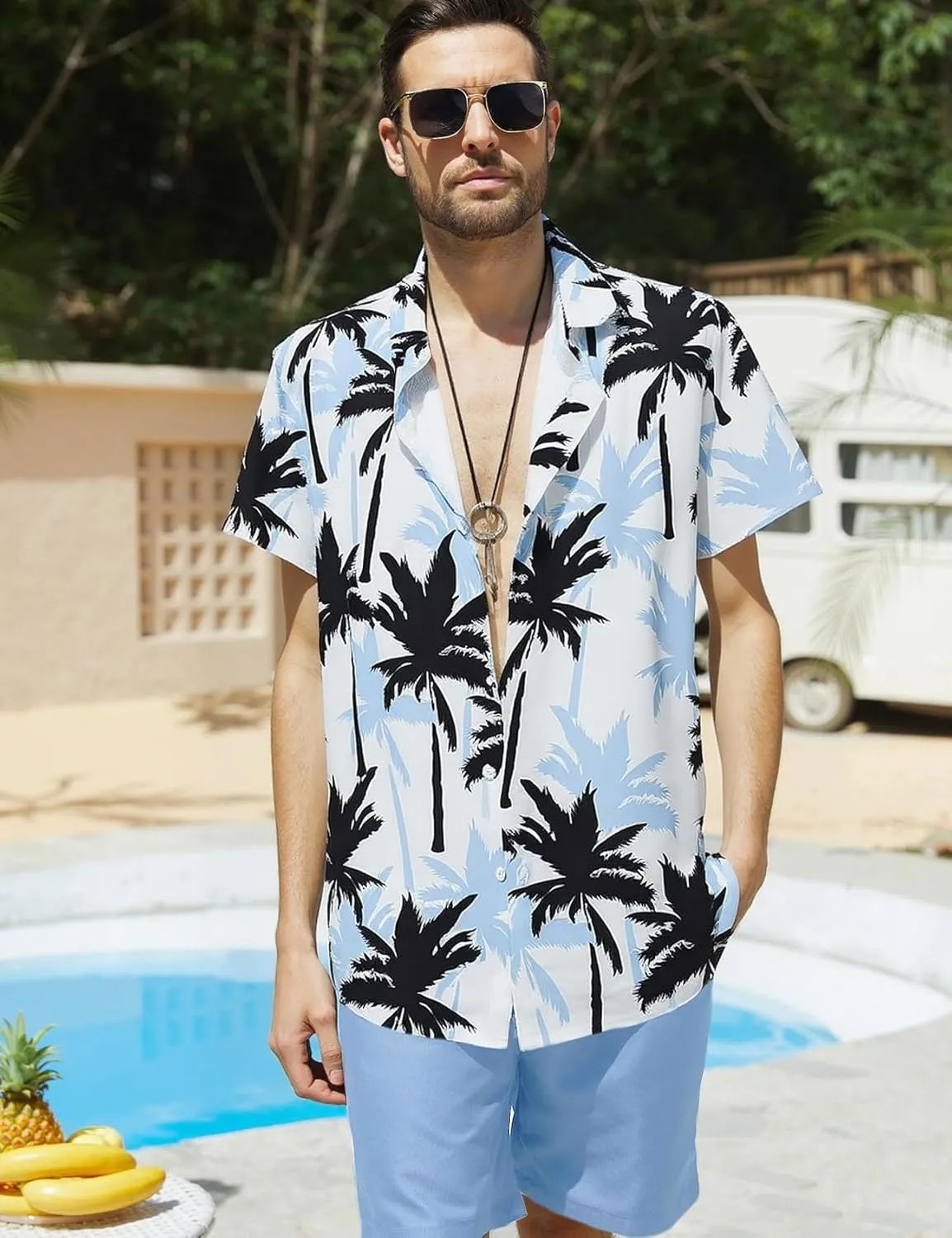 Yimoon Men's Summer 2 Piece Outfits Tropical Print Short Sleeve Button Down Hawaiian Beach Shirt and Shorts Set